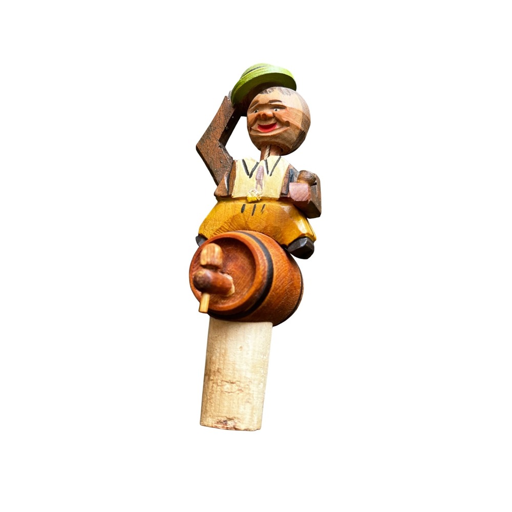 Vintage Hand Carved Wooden Mechanical Bottle Stopper Man on Barrel Lifts Hat